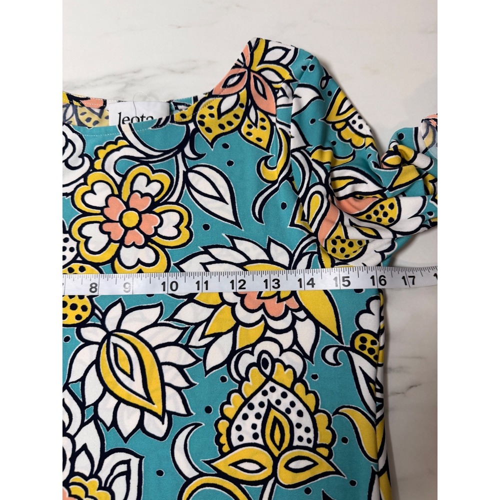 Leota Floral Paisley Ruffle Sleeve Shift Dress Teal Yellow XS Made in NY - Picture 6 of 9